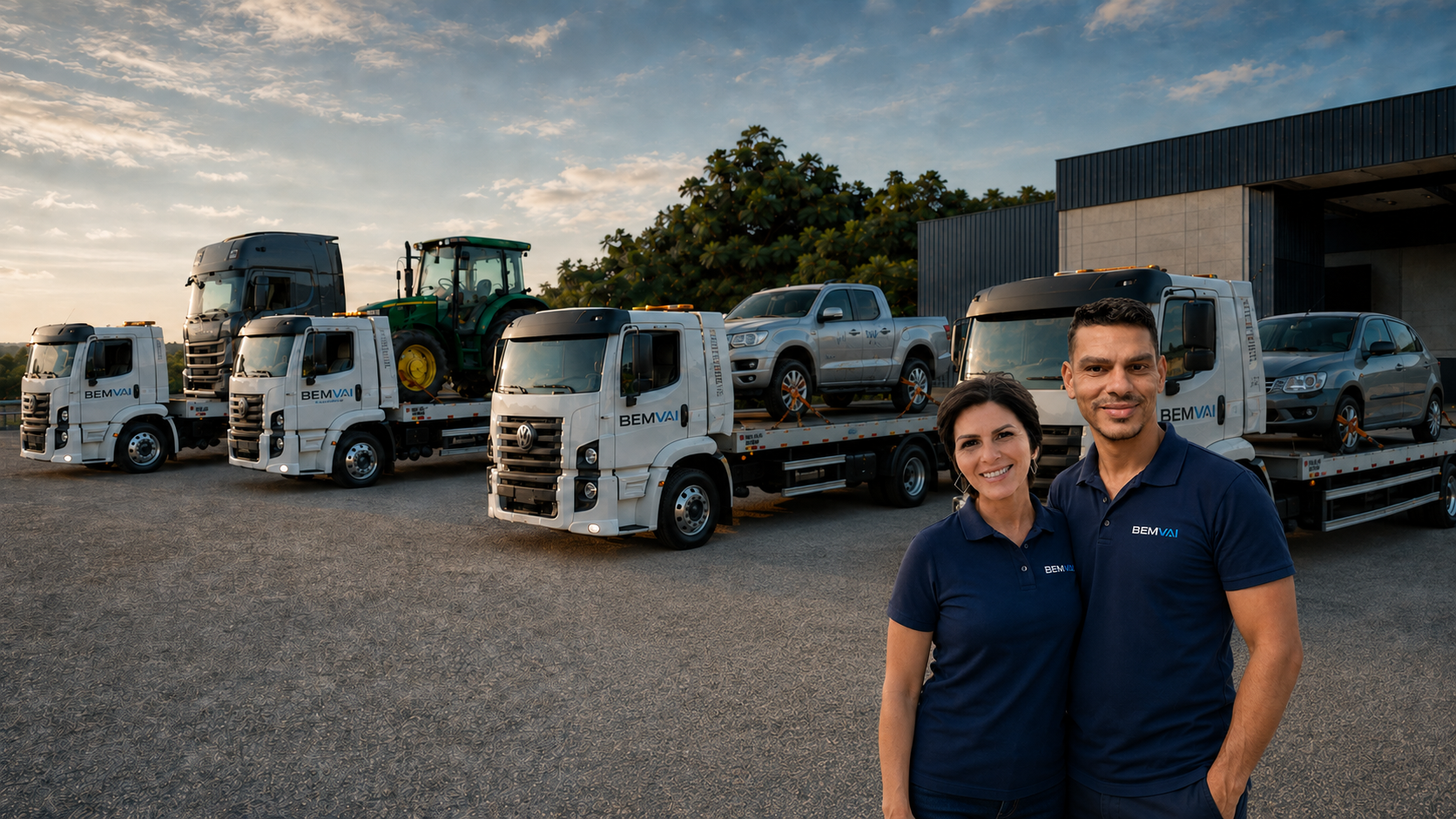 Equipe BemVai em frente à frota de guinchos e plataformas