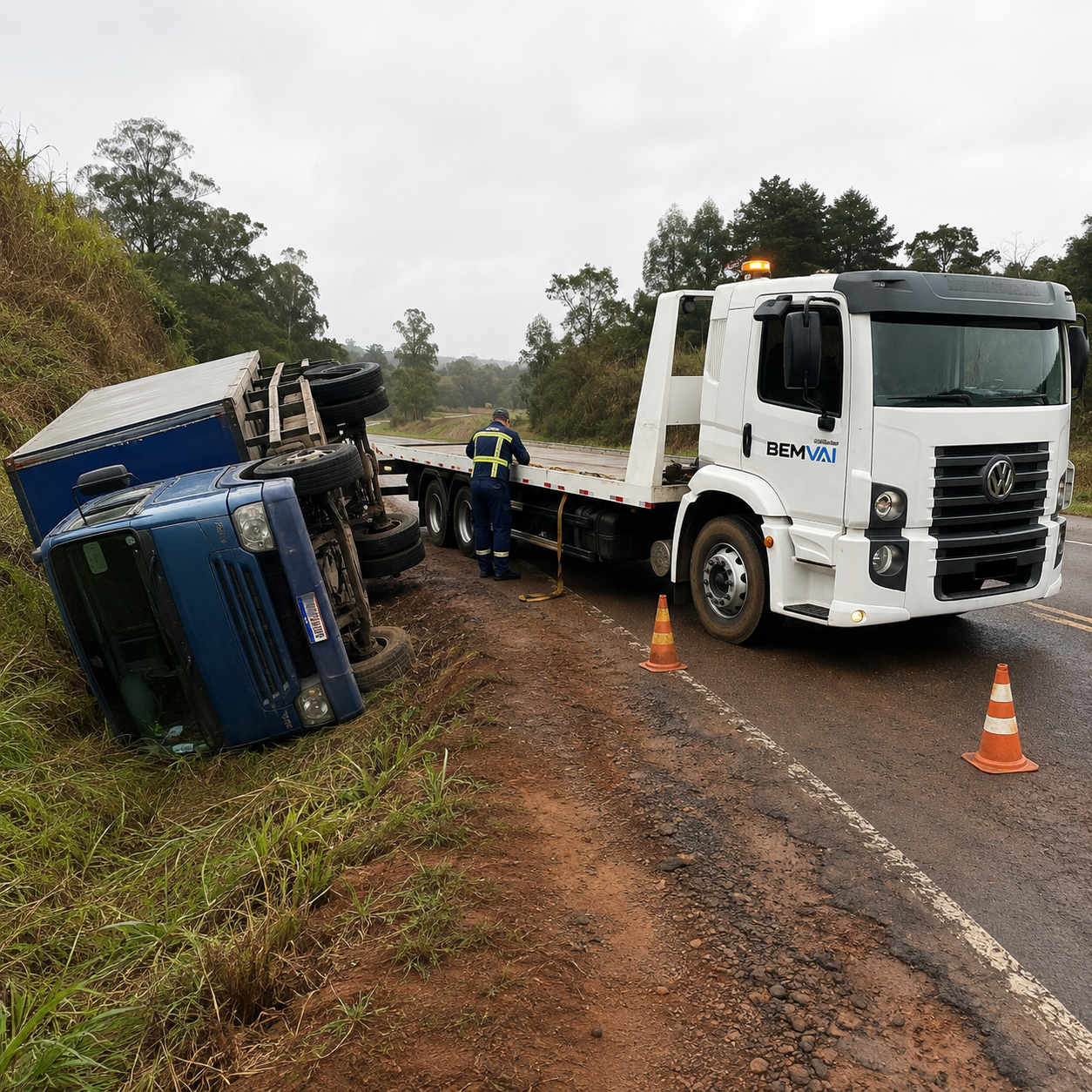Guincho BemVai no resgate de um caminhão tombado à beira da rodovia